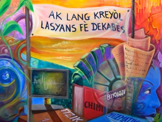 A portion of the painting "Kreyòl pale, kreyòl konprann" by the artists' collective Kalfou Richès